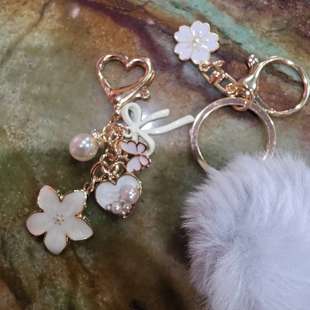 White Flower Butterfly Bag Backpack Purse Charm Keychain with Pom Pom
